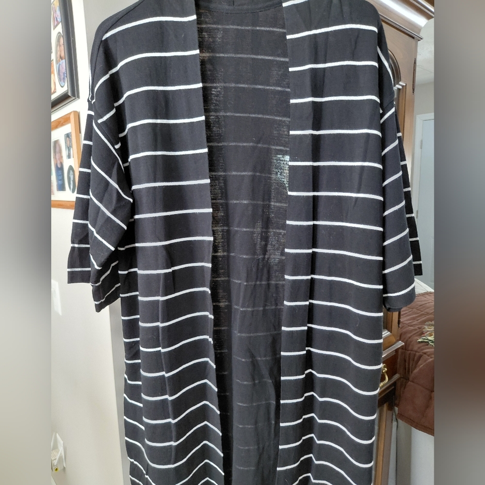 Chico's Black and White Striped Womens Long Jacket